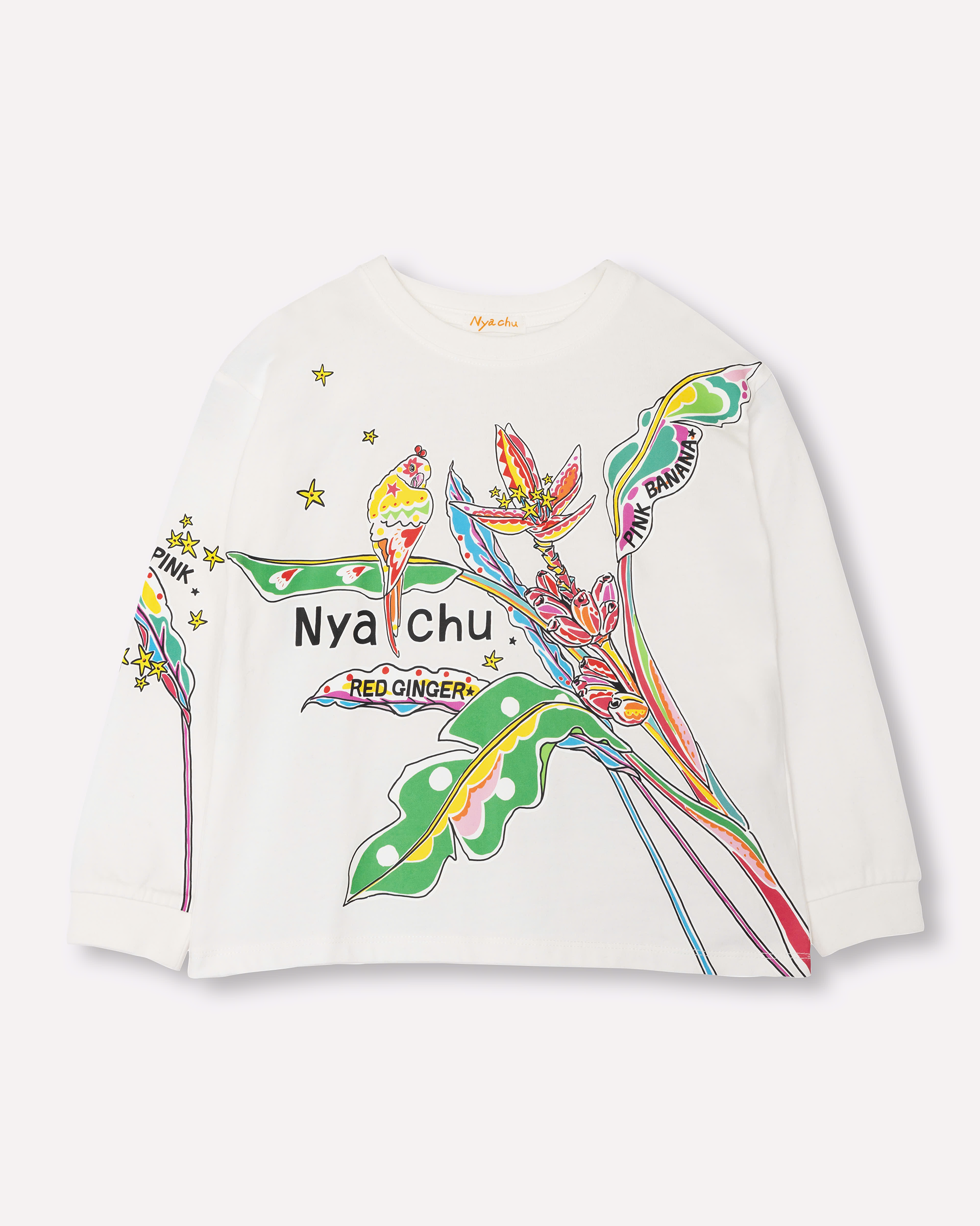 PINK BANANA柄のNyachu（ニャチュ）キッズ長袖Tシャツ (snow white)