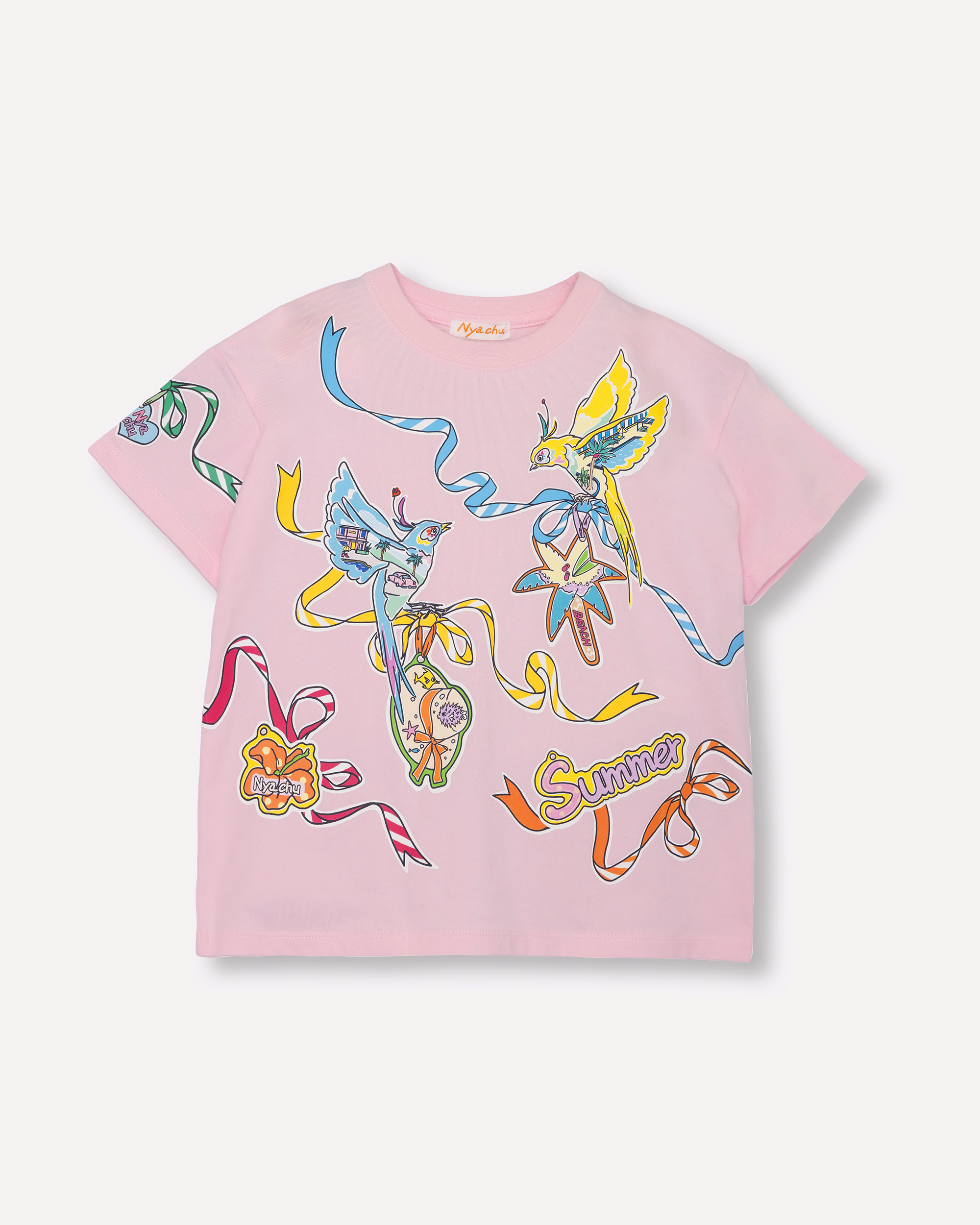 SUMMER BIRDS柄のNyachu（ニャチュ）キッズ半袖Tシャツ (flesh pink)