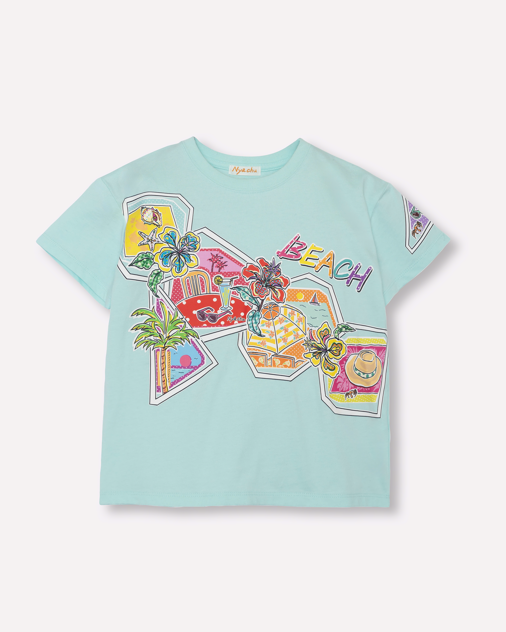 BEACH柄のNyachu（ニャチュ）キッズ半袖Tシャツ (aqua)