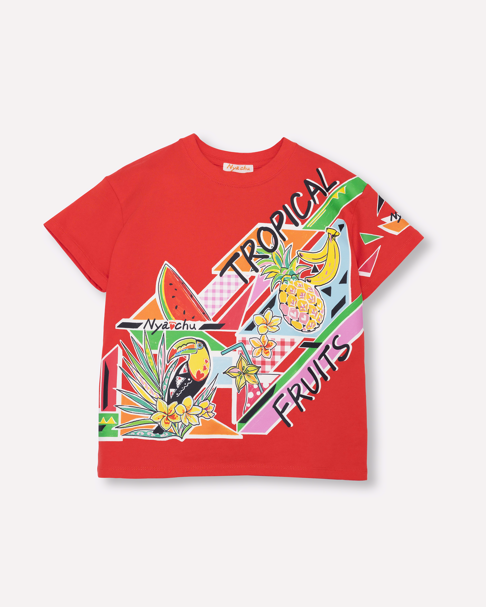TROPICAL FRUITS柄のNyachu（ニャチュ）キッズ半袖Tシャツ (poppy red)