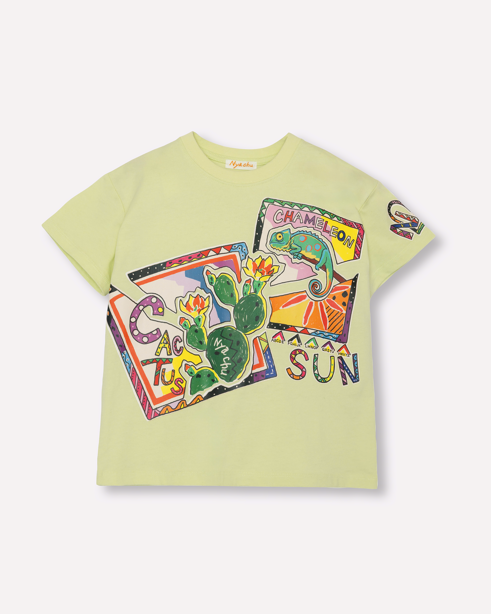 CHAMELEON柄のNyachu（ニャチュ）キッズ半袖Tシャツ (apple green)